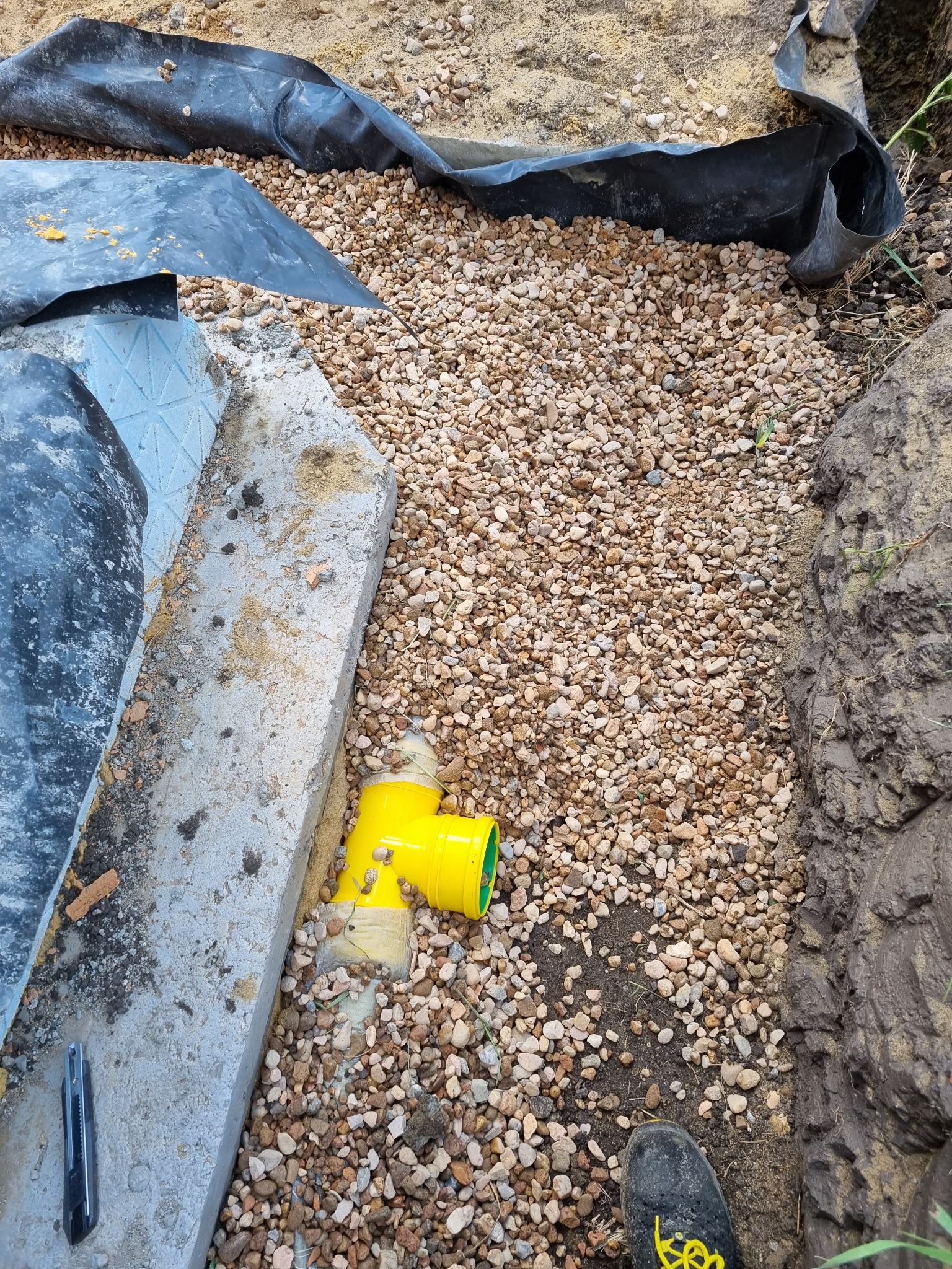 Żółta kształtka kanalizacyjna w wykopie, otoczona drobnym żwirem, obok betonowej płyty i czarnej folii, widoczny fragment buta roboczego.