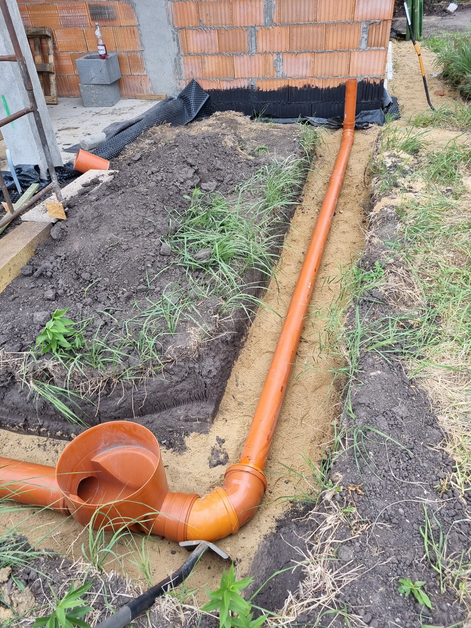 Pomarańczowa rura drenażowa ułożona w wykopie wypełnionym piaskiem, widoczna część fundamentu budynku z cegły i fragment zielonego trawnika.