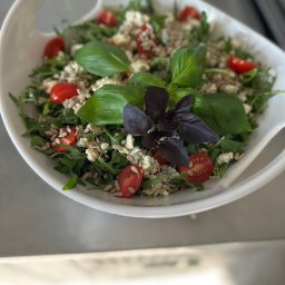 TASTY CATERING Tomasz Szmidt - Świeża sałatka z rukoli, pomidorków cherry, sera pleśniowego i prażonych ziaren słonecznika, udekorowana świeżą bazylią w białej misce.