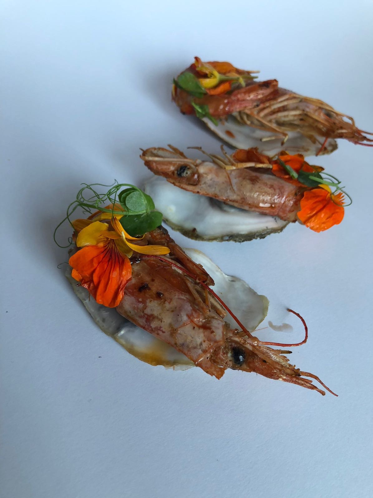 Elegancko podane grillowane krewetki na połówkach muszli ostryg, udekorowane jadalnymi kwiatami w odcieniach żółci i pomarańczy oraz drobnymi zielonymi listkami.