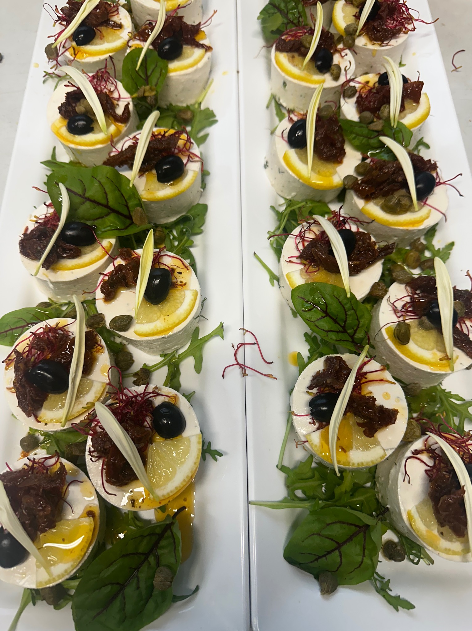 Dwa rzędy apetycznych, okrągłych przekąsek cateringowych na białych talerzach. Każda z nich ozdobiona cytryną, oliwką, suszonymi pomidorami i zieleniną.