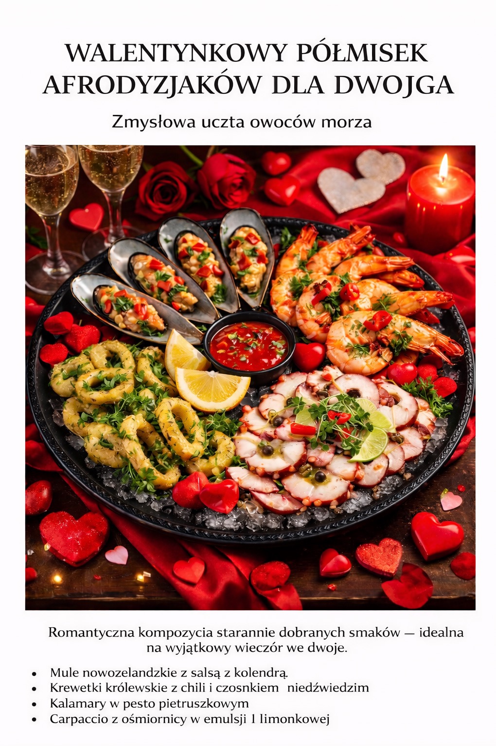 Walentynkowy półmisek afrodyzjaków: mule, krewetki, kalmary i carpaccio z ośmiornicy na lodzie, dekorowany sercami, świecami i szampanem. Romantyczna kolacja.