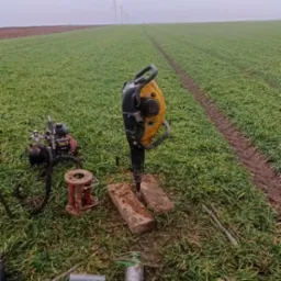 Praca geologiczna w terenie: wiertnica spalinowa wbija się w grunt na polu, w tle widoczne turbiny wiatrowe we mgle.