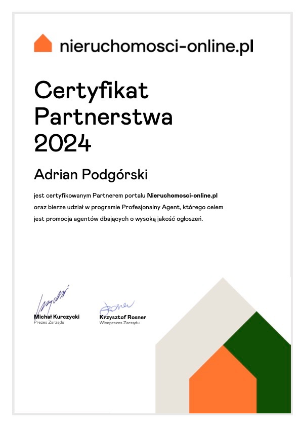 Certyfikat Partnerstwa 2024 portalu nieruchomości-online.pl dla Adriana Podgórskiego, z podpisami Prezesa i Wiceprezesa Zarządu.