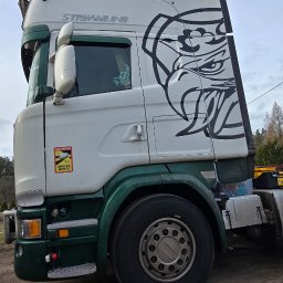 Kml_wyklejanki - Biało-zielona kabina ciężarówki Scania Streamline z dużym, czarnym motywem orła na boku. Dodatkowe naklejki na szybie i kabinie. Widok z boku na zewnątrz.