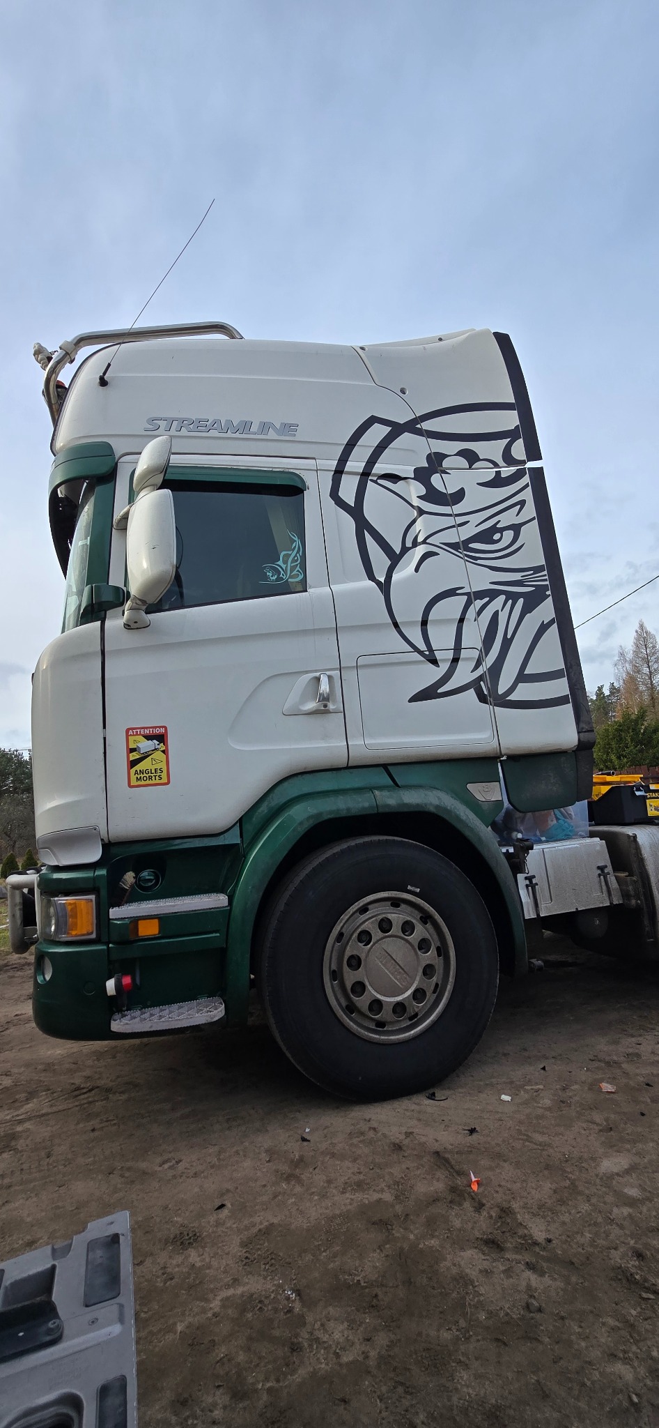 Biało-zielona kabina ciężarówki Scania Streamline z dużym, czarnym motywem orła na boku. Dodatkowe naklejki na szybie i kabinie. Widok z boku na zewnątrz.