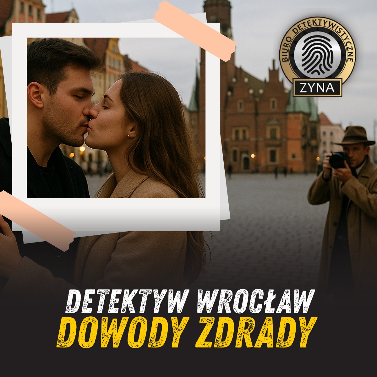 Para całująca się na tle wrocławskiego Rynku, stylizowane na polaroid, z detektywem robiącym zdjęcie w tle i napisem 'Dowody zdrady'.