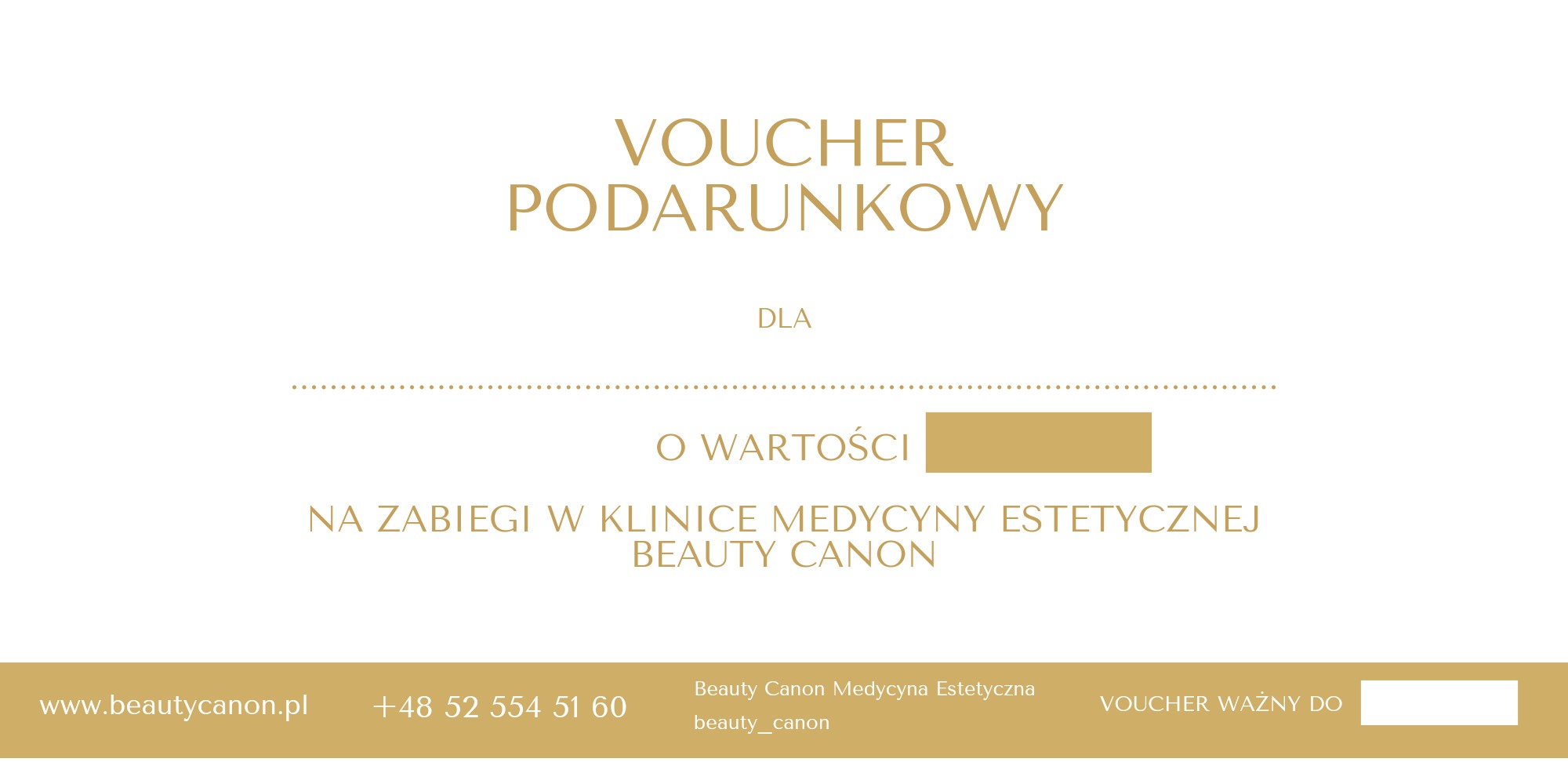 Voucher podarunkowy na zabiegi w klinice medycyny estetycznej Beauty Canon, minimalistyczny design w kolorze złota.