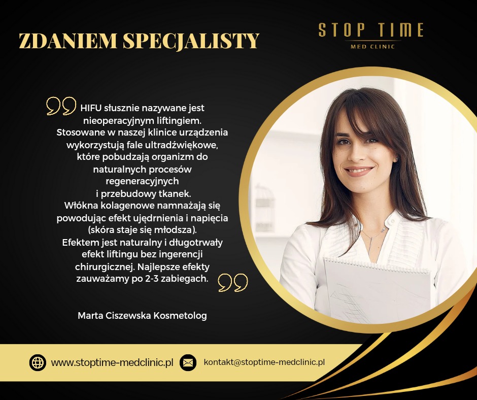Portret kosmetolog Marty Ciszewskiej z Bydgoszczy, prezentującej ofertę liftingu HIFU, z tekstem reklamowym o działaniu fal ultradźwiękowych na regenerację tkanek.