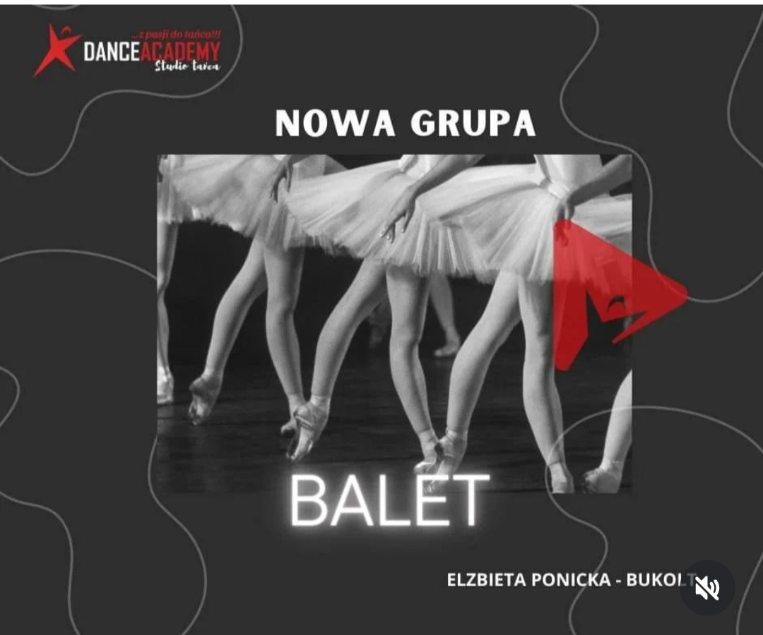 Szyld szkoły tańca: Nogi baletnic w białych tiulowych spódnicach i baletkach na czarno-białym tle, z napisem 'BALET' i informacją o nowej grupie.