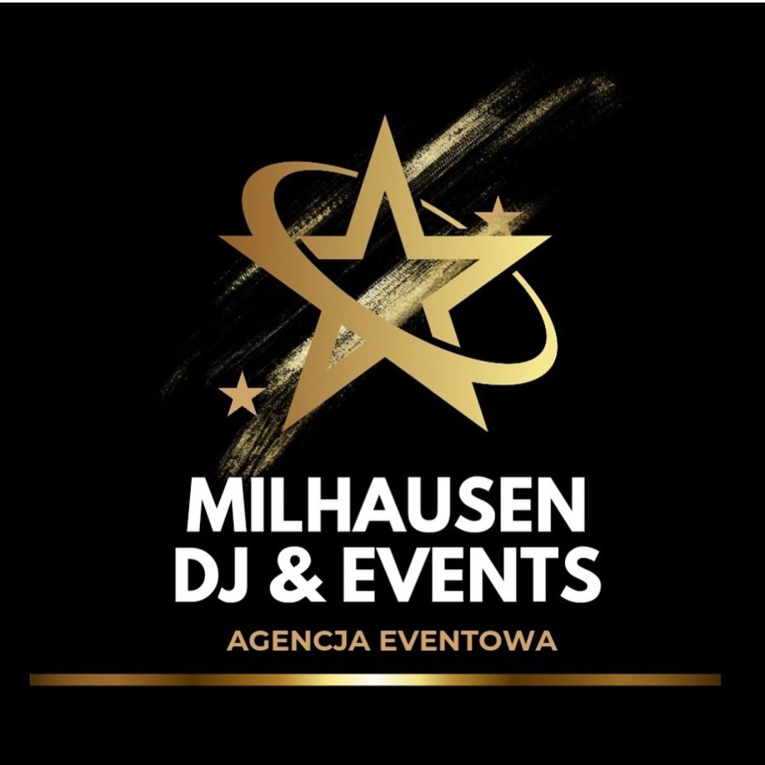 Złote logo Milhausen DJ & Events, agencja eventowa, na czarnym tle.