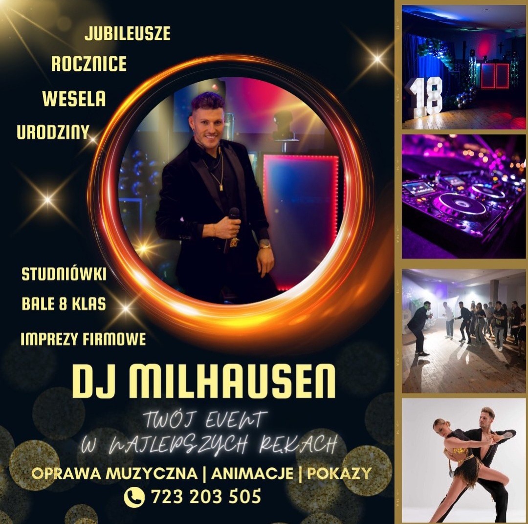 Kompozycja graficzna prezentująca ofertę DJ'a Milhausen: centralnie w okręgu portret DJ'a z mikrofonem, obok zdjęcia z imprez: dekoracja urodzinowa, sprzęt DJ'ski, tańczący goście i para taneczna.