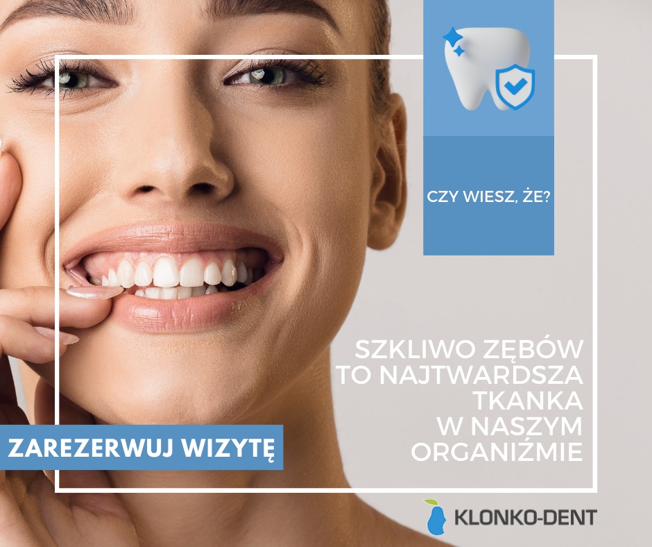Uśmiechnięta kobieta dotyka palcem zębów, obok grafika z zębem i tekstem informacyjnym o szkliwie oraz logo dentysty.