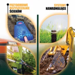 Grafika firmy Erlla: oczyszczalnie ścieków, systemy nawadniania, prace ogrodnicze, roboty ziemne. Widoczne szambo, zraszacz, sekator i koparka.