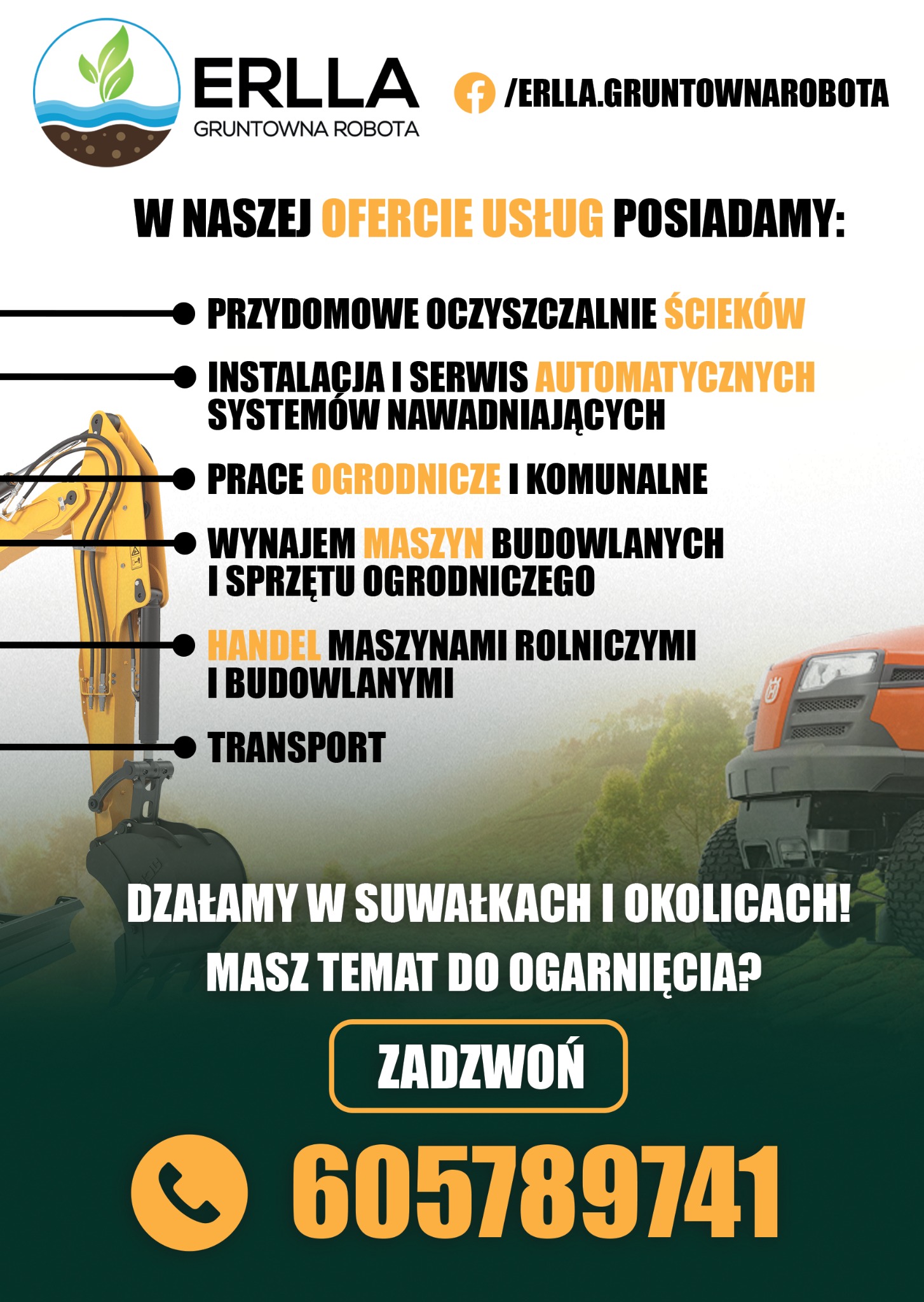 Baner firmy ERLLA oferującej wynajem maszyn budowlanych, instalacje nawadniające, prace ogrodnicze i transport w Suwałkach. Widoczny numer telefonu i logo firmy.