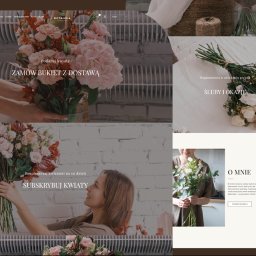 Karol Puk 28Company - Fragment strony internetowej kwiaciarni Botanika z kolażem zdjęć kwiatów, bukietów i uśmiechniętej kobiety trzymającej kwiaty, na tle białej cegły i jasnych powierzchni.