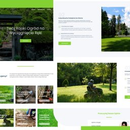 Karol Puk 28Company - Projekt strony internetowej firmy ogrodniczej z zielonym motywem, prezentujący bramę do ogrodu, dom z rozległym trawnikiem i koszenie trawy.
