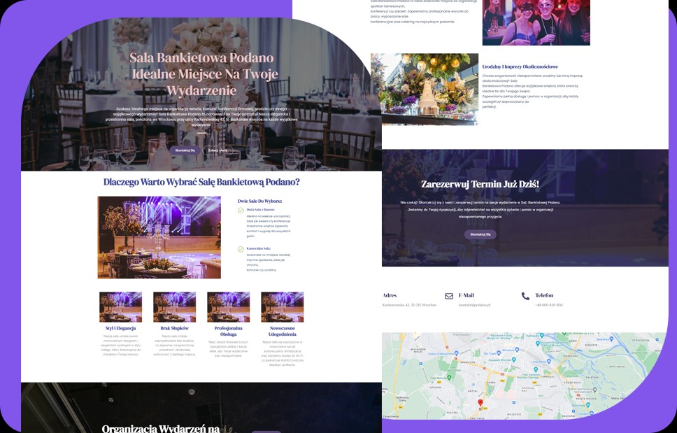 Zrzut ekranu strony internetowej z ofertą sali bankietowej, prezentujący aranżacje stołów, dekoracje kwiatowe i informacje kontaktowe.