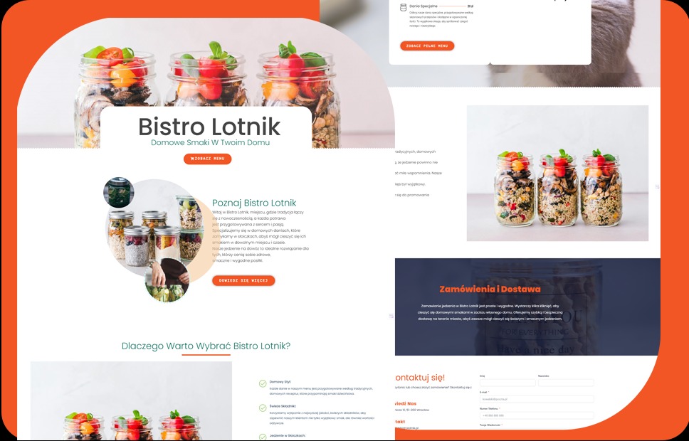 Fragment strony internetowej Bistro Lotnik z trzema słoikami z jedzeniem w roli głównej, widoczne sekcje menu, informacje o zamówieniach i dostawach, oraz formularz kontaktowy.