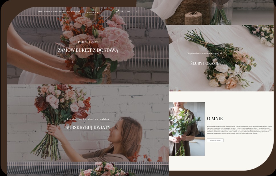 Fragment strony internetowej kwiaciarni Botanika z kolażem zdjęć kwiatów, bukietów i uśmiechniętej kobiety trzymającej kwiaty, na tle białej cegły i jasnych powierzchni.