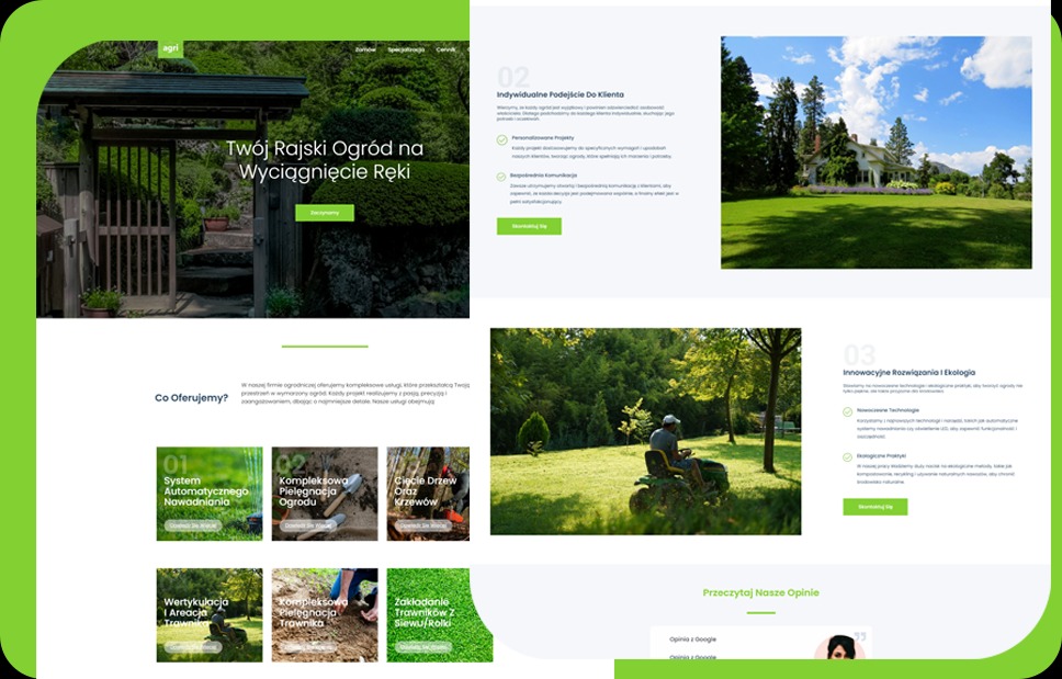 Projekt strony internetowej firmy ogrodniczej z zielonym motywem, prezentujący bramę do ogrodu, dom z rozległym trawnikiem i koszenie trawy.