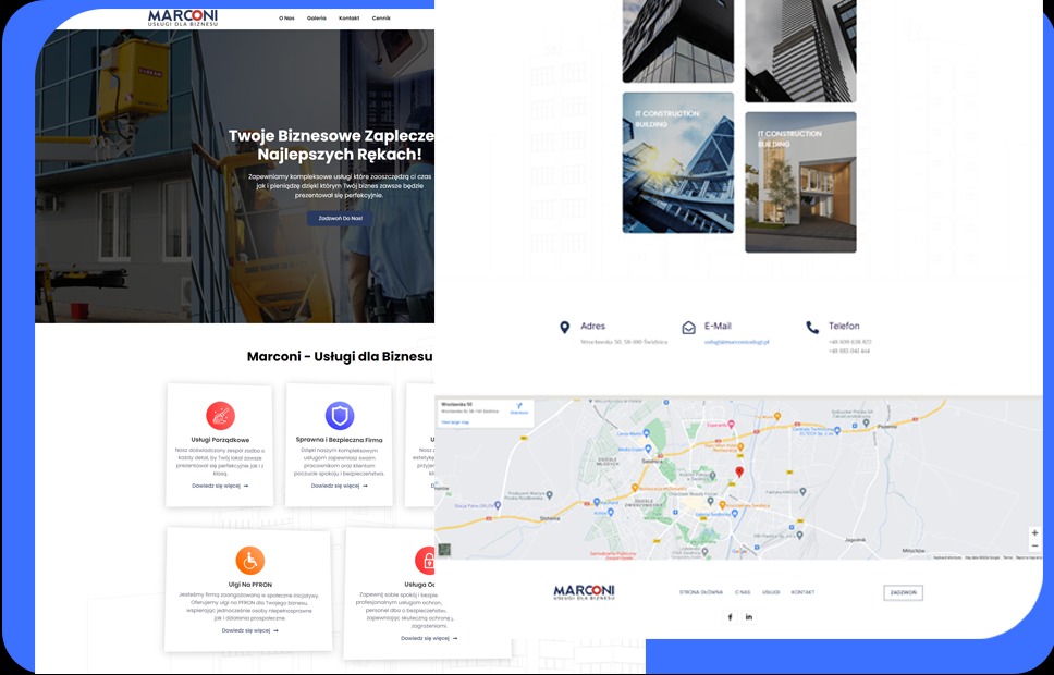 Fragment strony internetowej firmy Marconi z sekcjami: baner z hasłem 'Twoje Biznesowe Zaplecze Najlepszych Rękach!', oferta usług porządkowych, mapa dojazdu i dane kontaktowe.