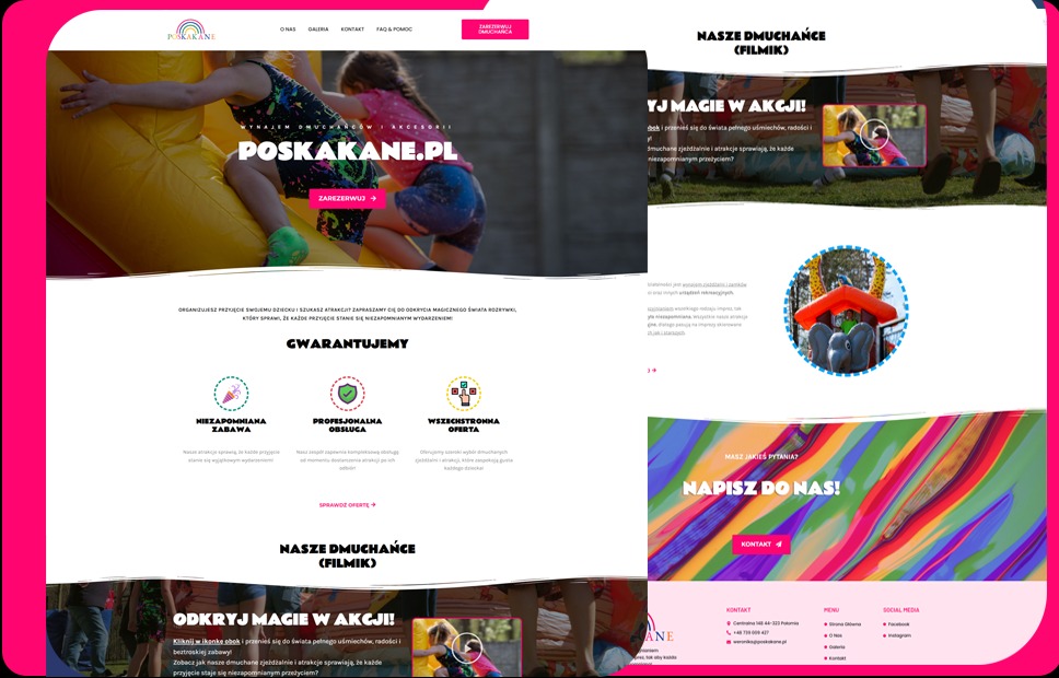 Zrzut ekranu strony internetowej firmy oferującej wynajem dmuchańców i akcesoriów dla dzieci, z widocznymi zdjęciami dzieci bawiących się na dmuchańcach, logo firmy w lewym górnym rogu i kolorowym...