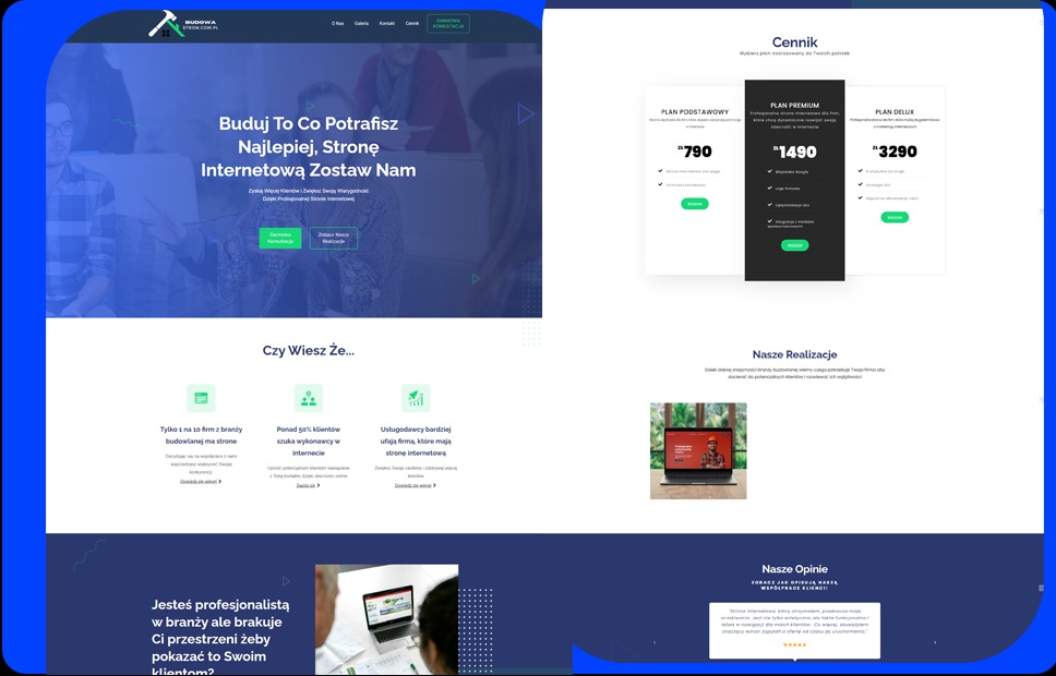 Prezentacja strony internetowej firmy budowlanej z cennikiem, realizacjami i opiniami klientów, widoczna na ekranie komputera