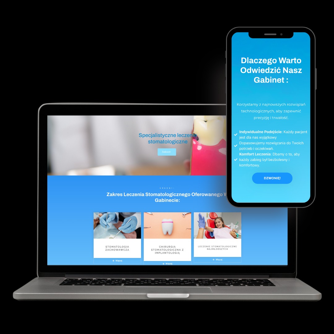 Laptop i smartfon prezentują stronę gabinetu stomatologicznego z ofertą leczenia zachowawczego, chirurgii i leczenia najmłodszych. Interfejs w tonacji błękitu i bieli.
