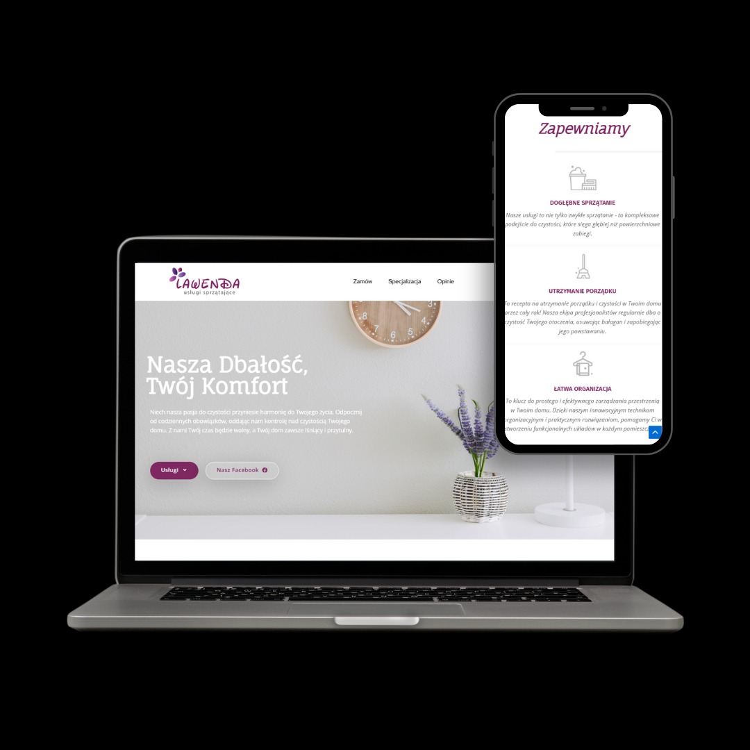 Prezentacja strony www i aplikacji mobilnej firmy sprzątającej Lawenda na laptopie i smartfonie. Estetyczny design, usługi: głębokie sprzątanie, utrzymanie porządku, organizacja.