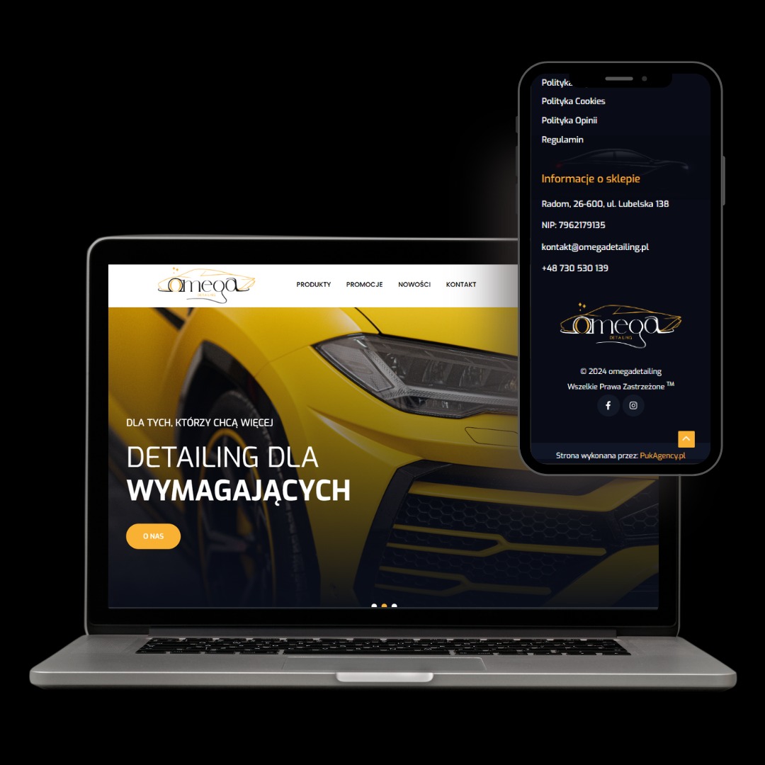 Laptop i smartfon prezentujące stronę www firmy Omega Detailing z żółtym autem w tle. Widoczne menu, adres i logo. Strona wykonana przez PukAgency.pl.