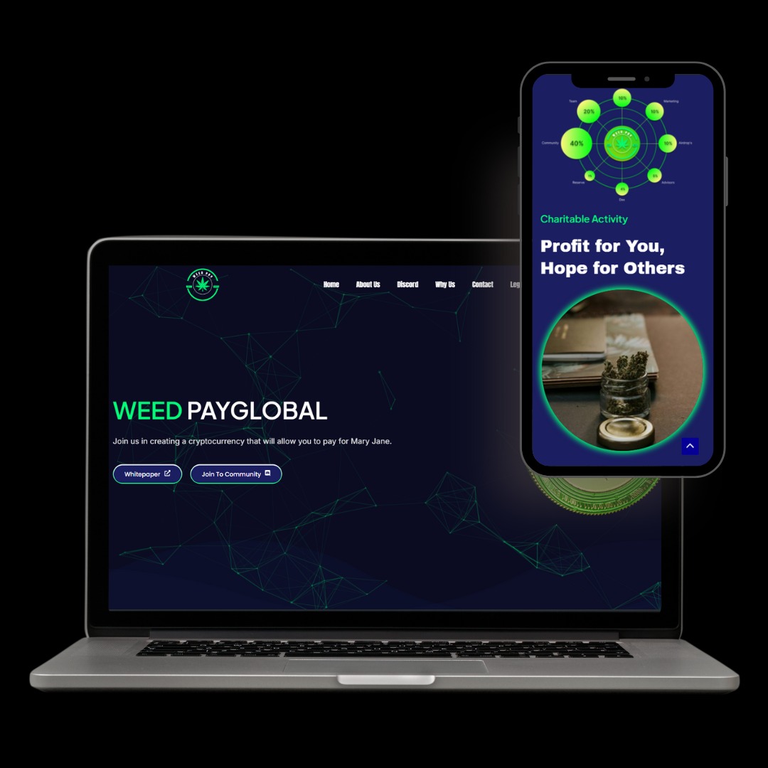 Laptop i smartfon prezentują stronę internetową Weed PayGlobal z Wrocławia, kryptowalutę dla Mary Jane. Grafika z siecią połączeń i hasłem 'Profit for You, Hope for Others'.
