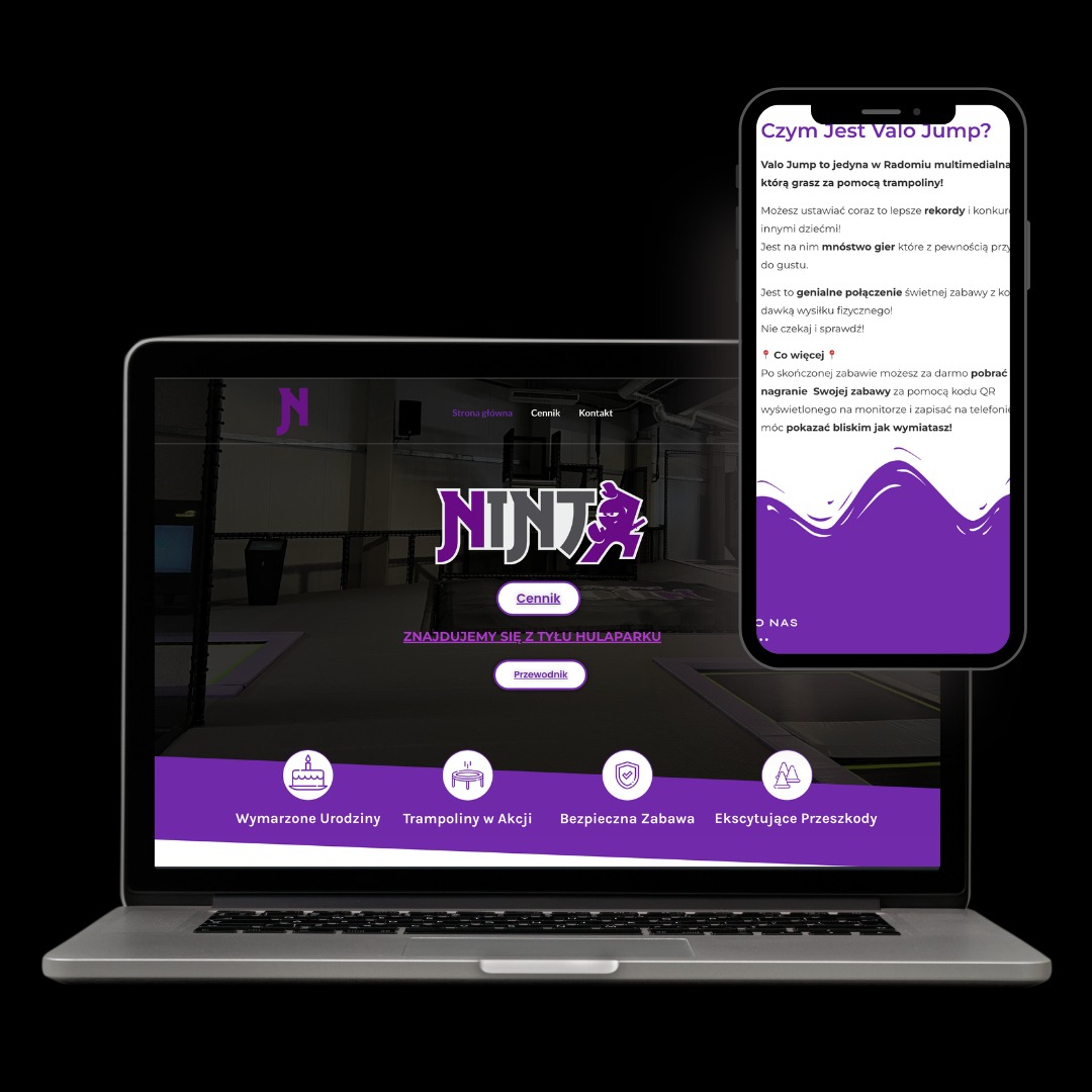 Laptop z otwartą stroną internetową Ninja i smartfon z aplikacją Valo Jump, oba w fioletowej kolorystyce. Widoczny motyw parku trampolin i multimedialnej zabawy.