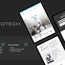 Prezentacja projektu rebrandingu laboratorium nanotechnologii na trzech tabletach, ukazująca nową identyfikację wizualną, stronę internetową oraz liderów zespołu.