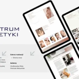 Prezentacja strony internetowej centrum estetyki na trzech tabletach, ukazująca różne podstrony: główną, galerię zdjęć i opis zabiegów kosmetycznych. Na ekranach widoczne zdjęcia wnętrz i portrety...