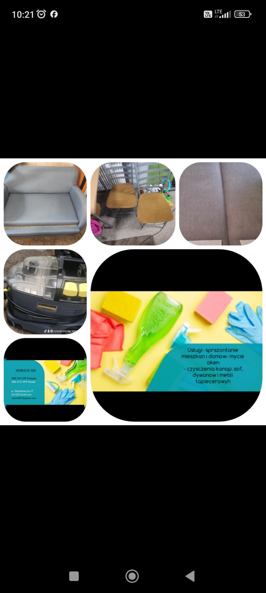 Kolaż zdjęć prezentujący efekty i sprzęt do czyszczenia: wyczyszczona kanapa, krzesła biurowe, fragment sofy, odkurzacz piorący Karcher oraz wizytówka firmy z akcesoriami do czyszczenia na żółtym tle.