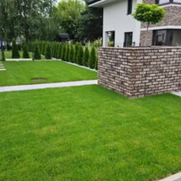 Nowoczesny dom z jasną elewacją, ceglanym murem i równo przystrzyżonym trawnikiem oraz ścieżką z płyt betonowych prowadzącą wzdłuż żywopłotu z tuj.