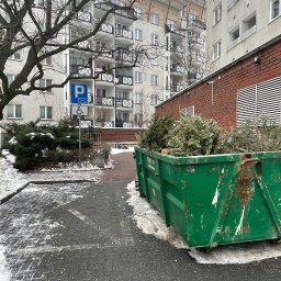 NOVA CLEAN VITALII TSYTSYLIN - Zielony kontener wypełniony gałęziami drzew iglastych na tle bloku mieszkalnego i znaku parkingowego dla niepełnosprawnych. Zimowy krajobraz.