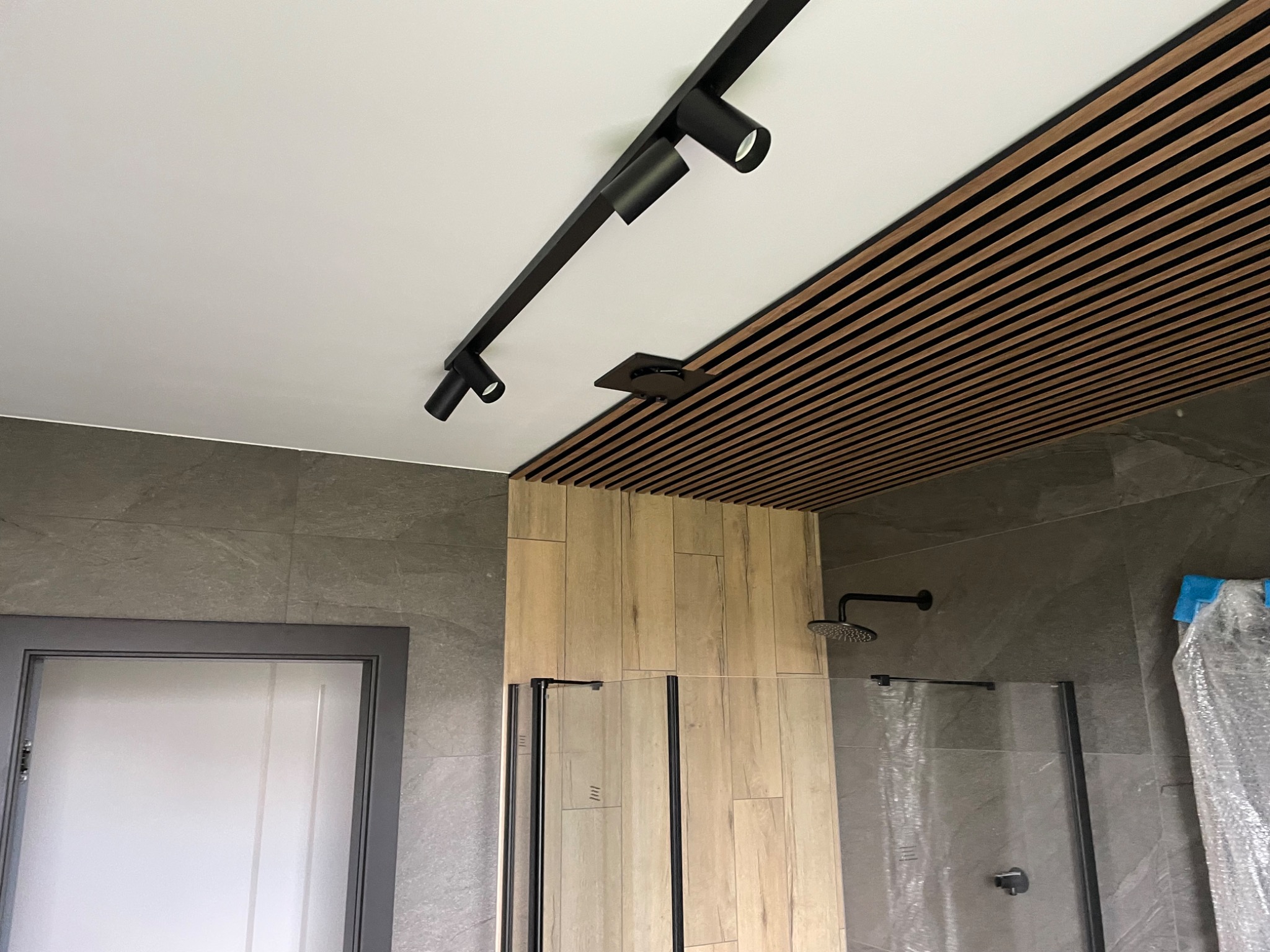 Nowoczesna łazienka z kabiną prysznicową typu walk-in, drewnianą okładziną ściany i sufitu oraz czarnym oświetleniem szynowym.