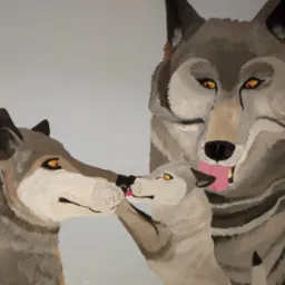 Akrylowy portret rodziny wilków: dorosły wilk, wilczyca i szczeniak, z szarobrązową sierścią i pomarańczowymi oczami, na gładkim, jasnoszarym tle ściany.