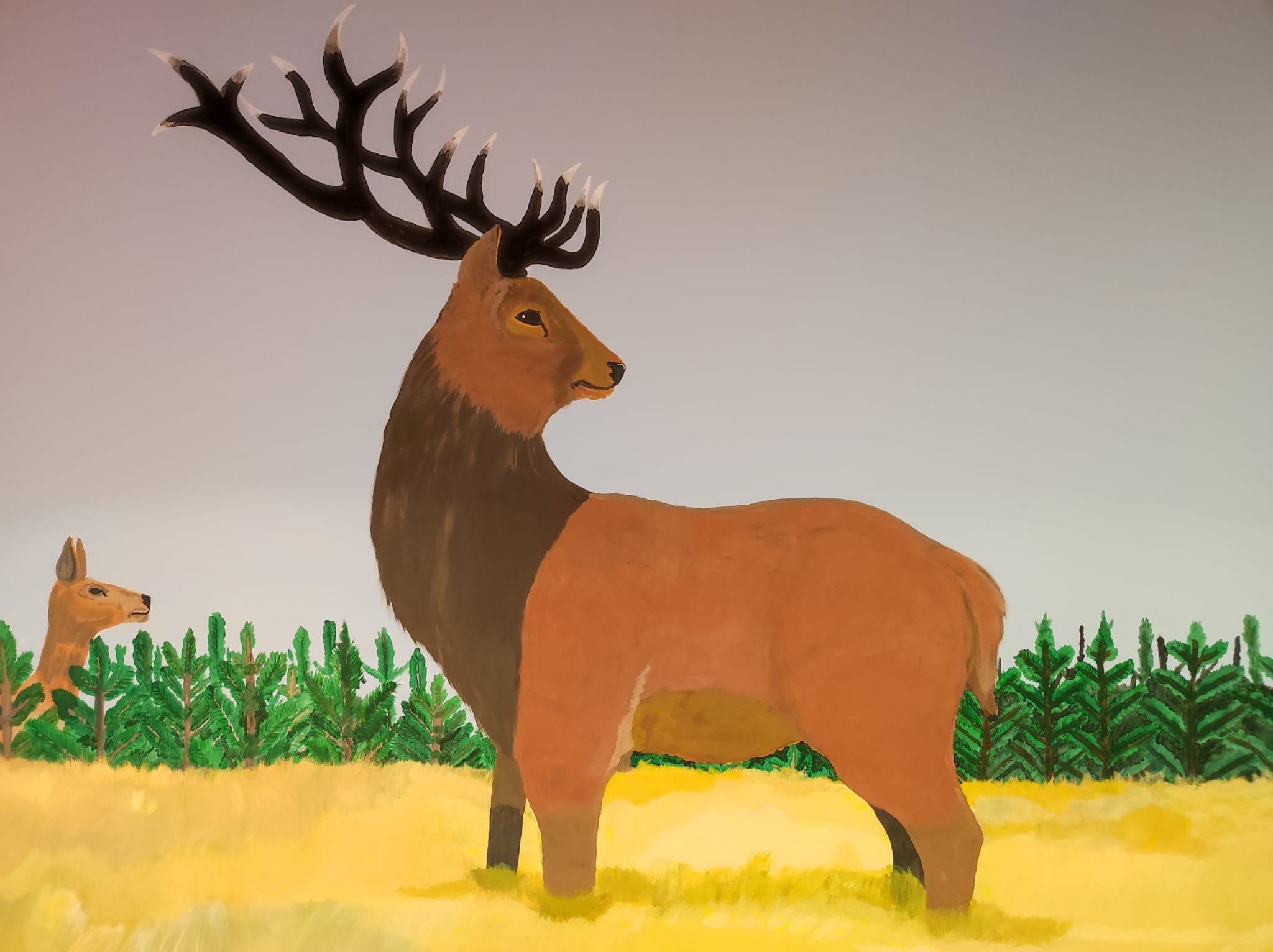 Ręcznie malowany obraz jelenia z rozłożystym porożem na tle lasu i łąki, w stylu naiwnym.