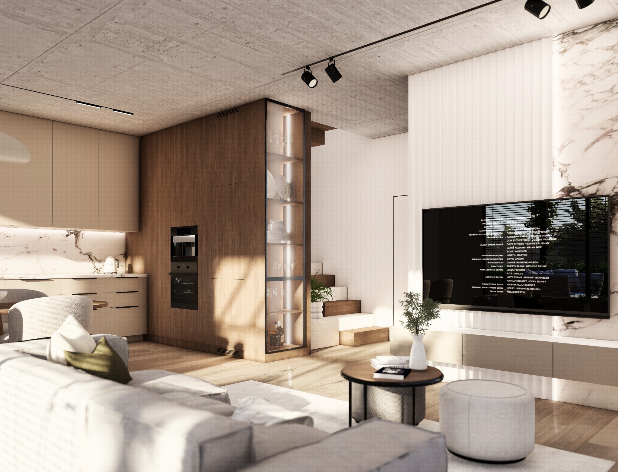 Nowoczesne wnętrze mieszkania z otwartą kuchnią, drewnianą zabudową, marmurowymi akcentami i betonowym sufitem. W tle schody z roślinami, a na pierwszym planie szary narożnik z poduszkami i okrągły...