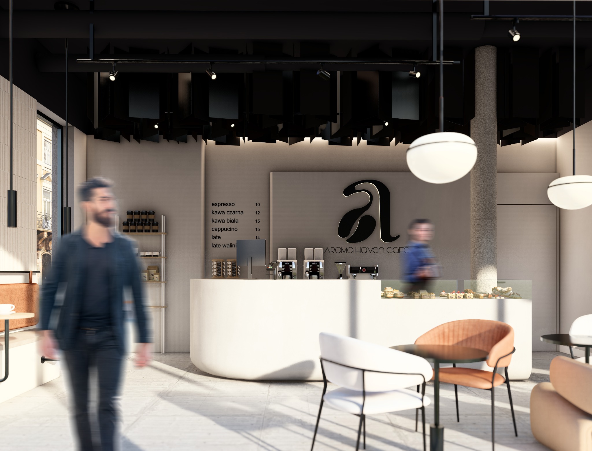 Wnętrze kawiarni z ladą, menu kaw, ekspresami, ciastami w witrynie, stolikami z krzesłami i przechodzącym mężczyzną w casualowym stroju.