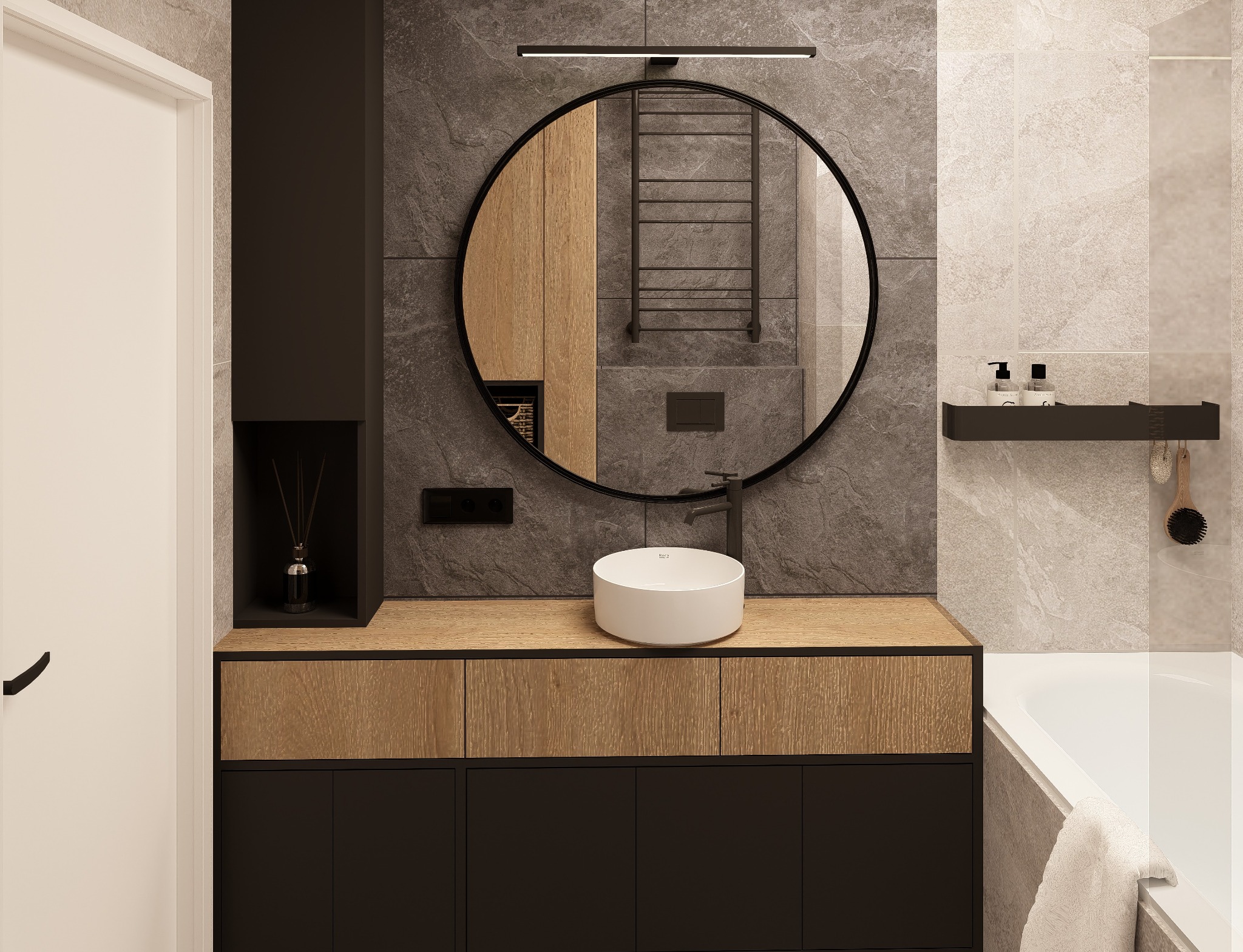 Nowoczesna aranżacja łazienki w Krakowie. Umywalka nablatowa, okrągłe lustro i drewniane akcenty tworzą elegancki wystrój.