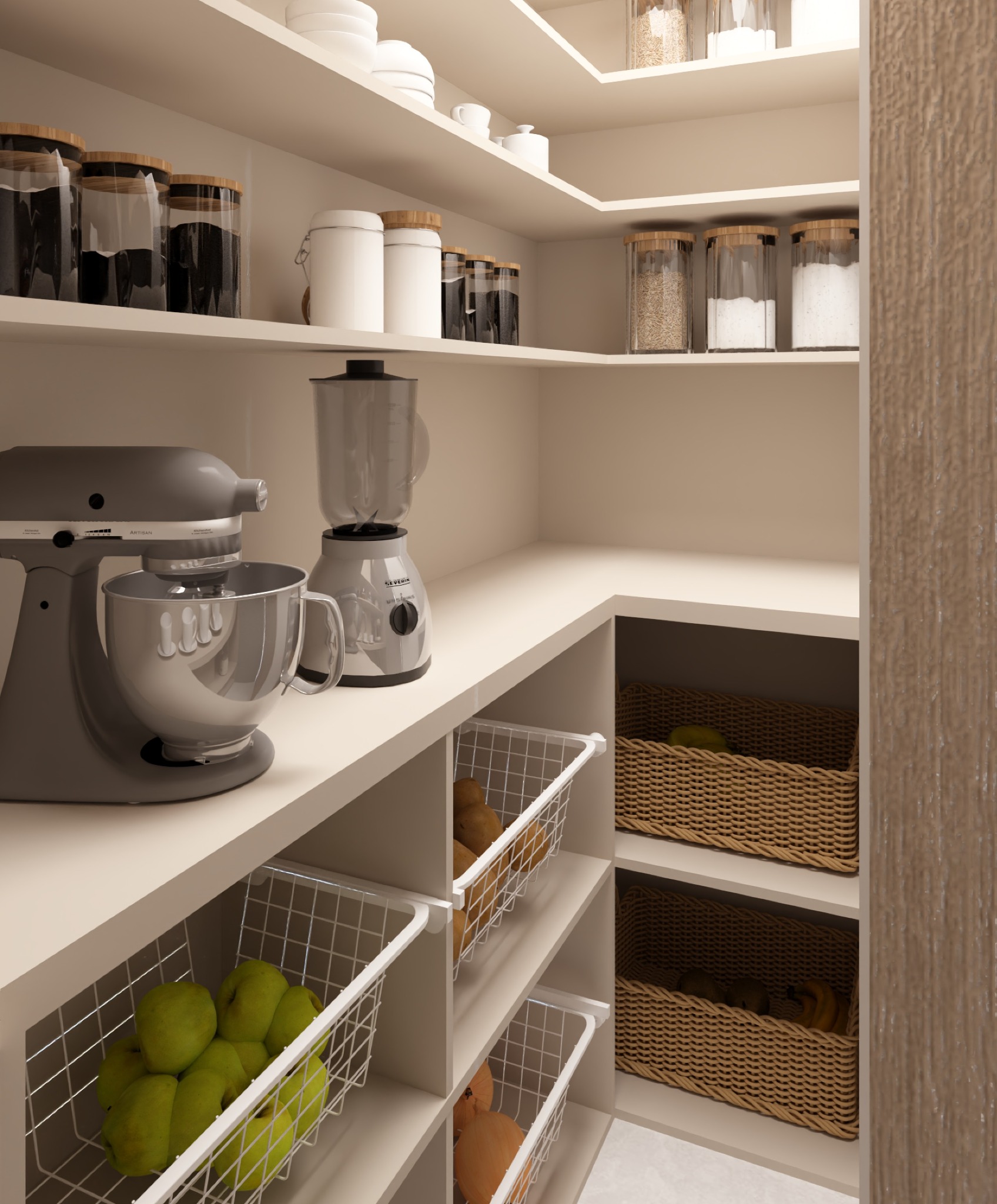 Jasna spiżarnia z półkami, koszami na owoce i słoikami z produktami. Na blacie mikser i blender. Minimalistyczny design.