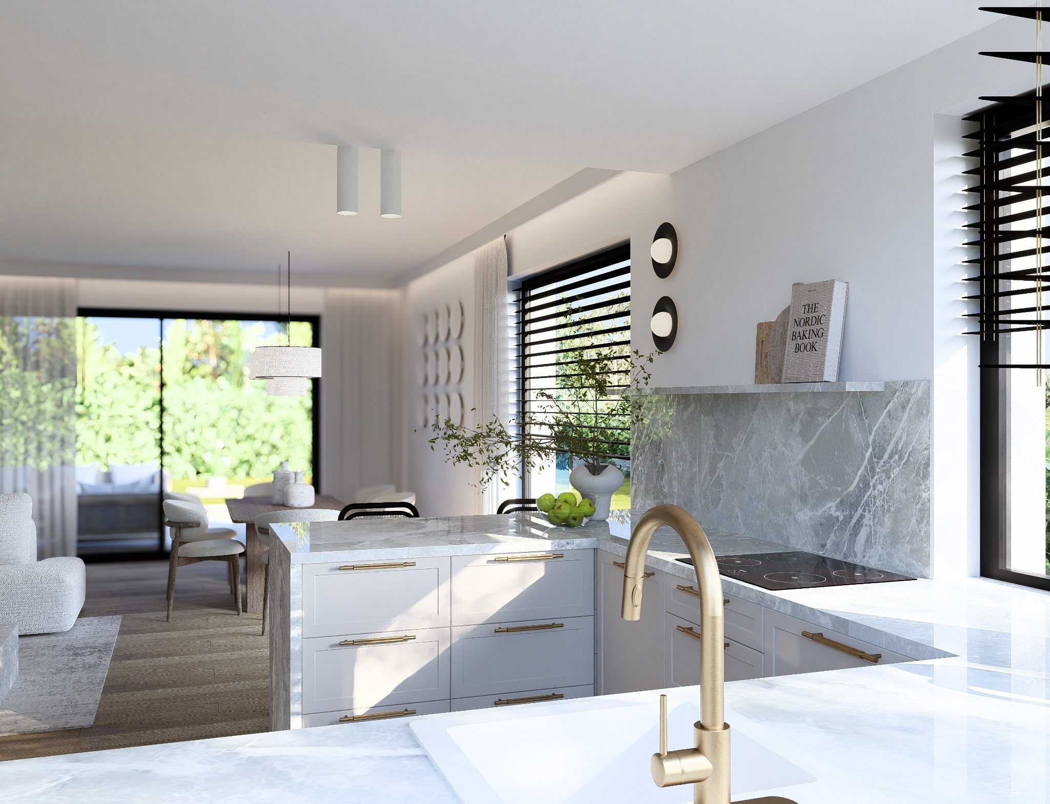 Jasna kuchnia z wyspą i złotą armaturą. Minimalistyczny design z marmurowym blatem i roślinami. Widok na salon i ogród przez okno.