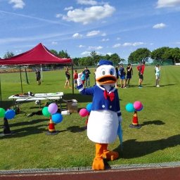 F.H.U Na każdą okazję - Postać z bajki Kaczor Donald w kostiumie na zielonym boisku sportowym w otoczeniu dzieci i rekwizytów animacyjnych.