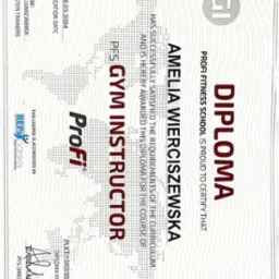 Dyplom ukończenia kursu PFS Gym Instructor dla Amelii Wierciszewskiej, wydany przez Profi Fitness School, akredytowany przez REPs Polska, z datą 16.03.2024 i numerem PLKT/10/02/2024/GI/2791...