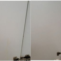 Sofiya Voytovych - Białe drzwiczki szafki przed i po czyszczeniu, widoczne zabrudzenia i plamy na powierzchni przed czyszczeniem, a po prawej stronie czyste drzwiczki z metalowymi zawiasami.