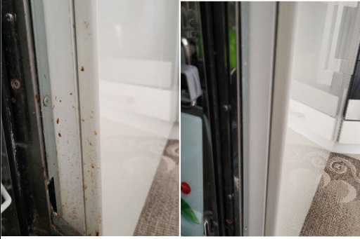 Porównanie: Zabrudzona i wyczyszczona rama okienna z widocznymi śladami rdzy i brudu przed i po czyszczeniu.